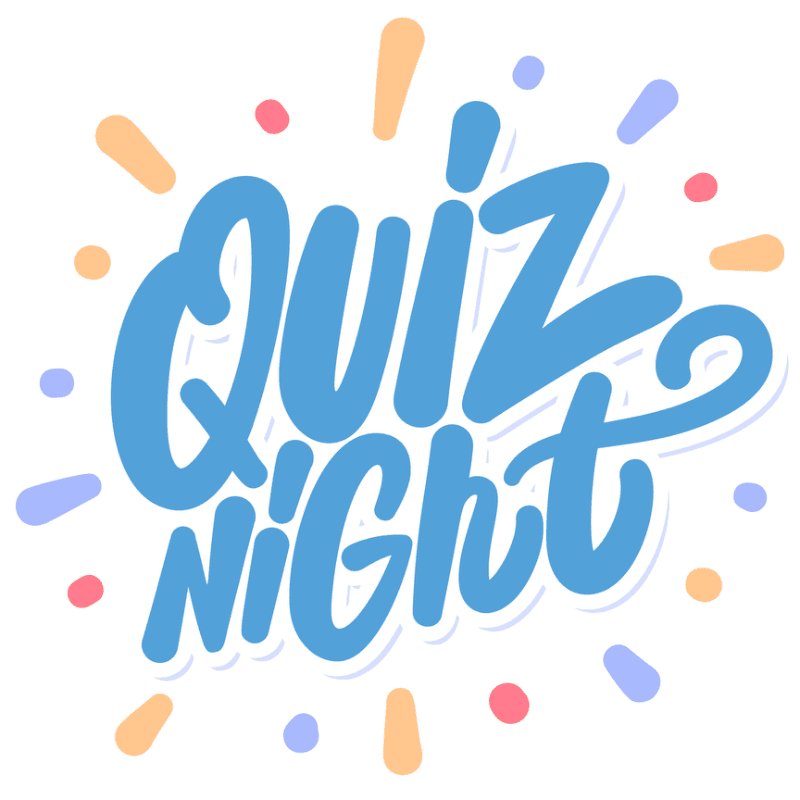 Blue, stylized text reading "QUIZ NIGHT" is centered on a white background with colorful, radiating lines and dots.