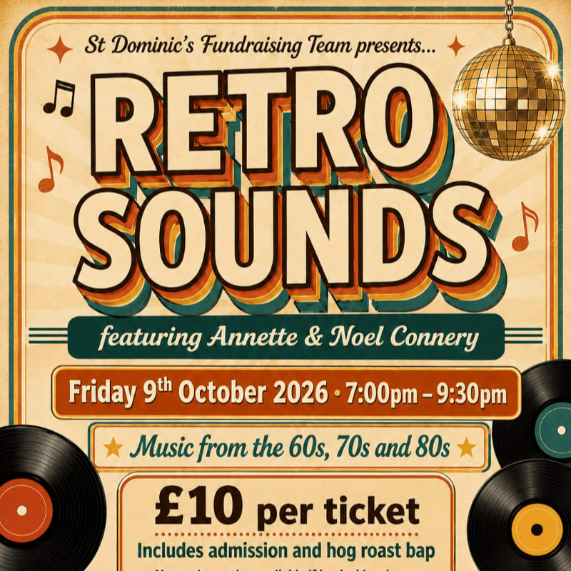 A retro-themed poster advertises "Retro Sounds" featuring Annette & Noel Connery, with vinyl records in the foreground and a disco ball in the background.