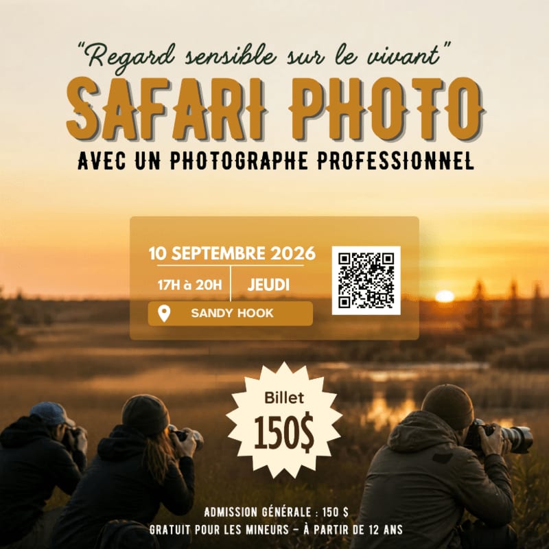 Three photographers capture a sunset over a marshy landscape, with event details for a "Safari Photo" advertised in the foreground.