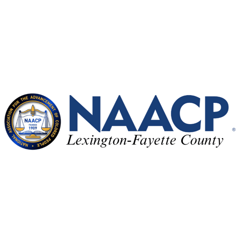 A circular emblem with scales of justice and the text "NAACP" and "Lexington-Fayette County" are displayed on a white background.
