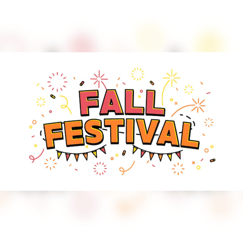Colorful "FALL FESTIVAL" text with fireworks and bunting adorns the foreground, set against a soft, blurred white background.