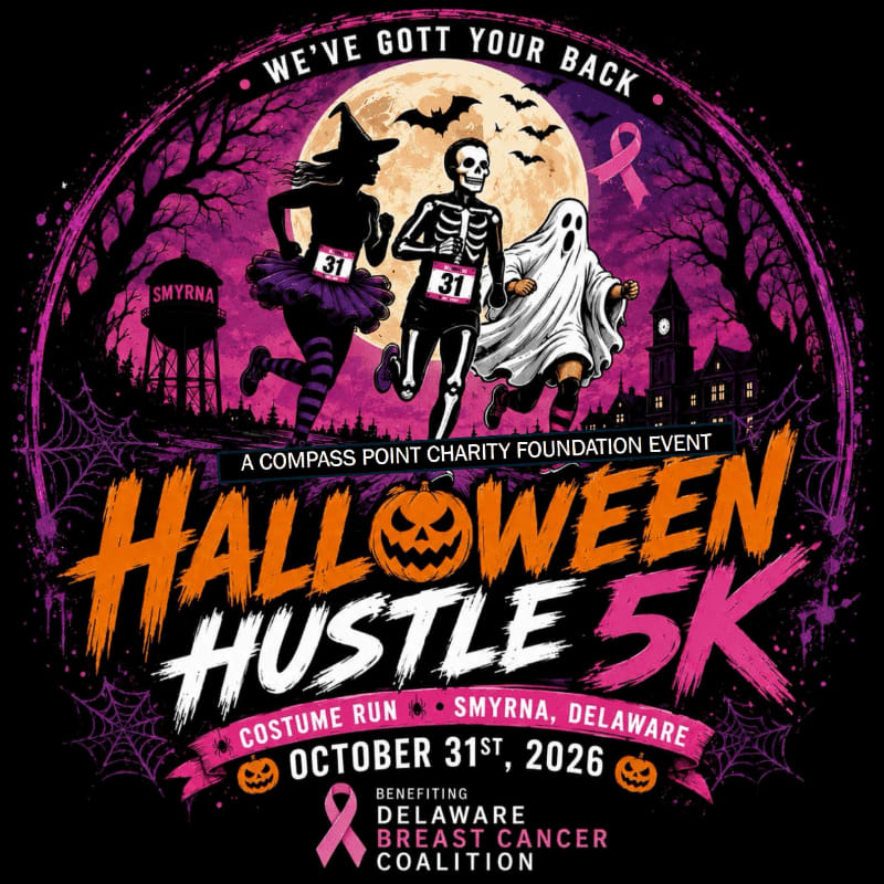 A witch, skeleton, and ghost run in the foreground of a Halloween-themed 5K event poster, with a full moon and spooky trees in the background.