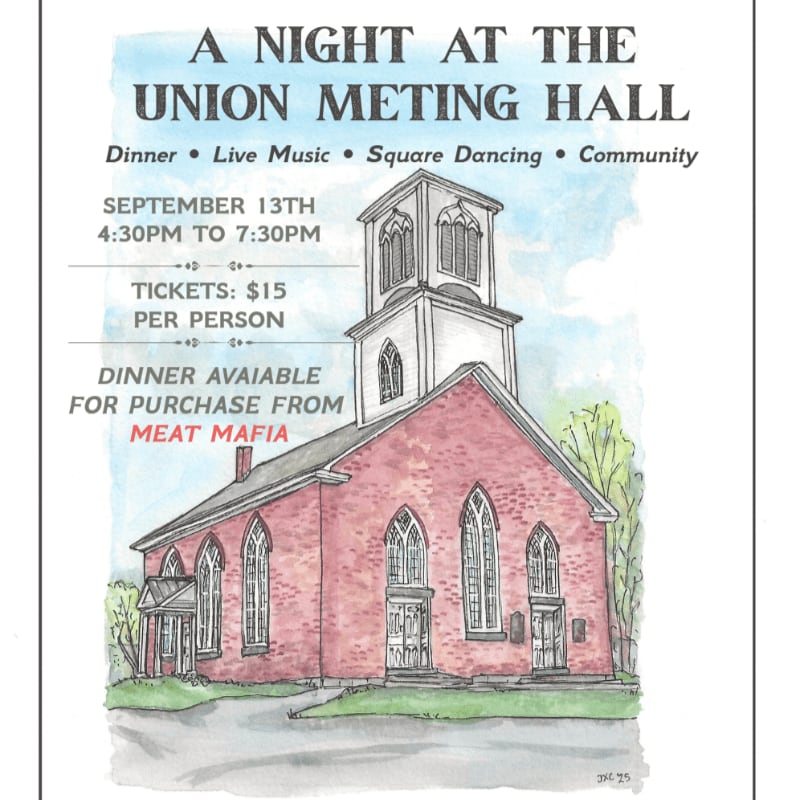 A watercolor painting of a red brick building with a white steeple, advertising "A Night at the Union Meeting Hall" with event details in the foreground.