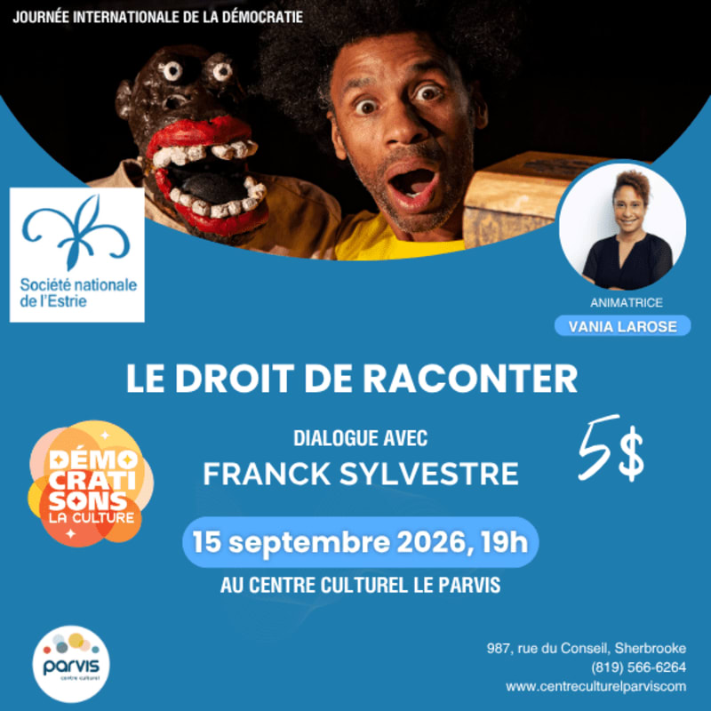 A puppet with a surprised expression and a man with an open mouth are in the foreground, while the background is a blue poster advertising an event.