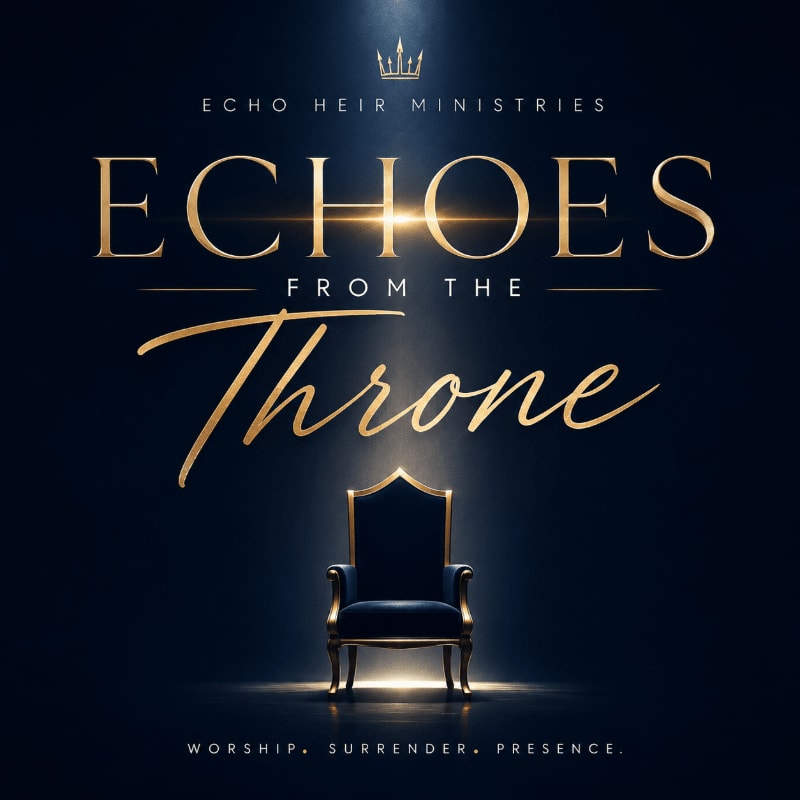 A regal, empty throne sits in the foreground against a dark, spotlighted background with the words "ECHO HEIR MINISTRIES" and "ECHOES FROM THE THRONE" in golden lettering.