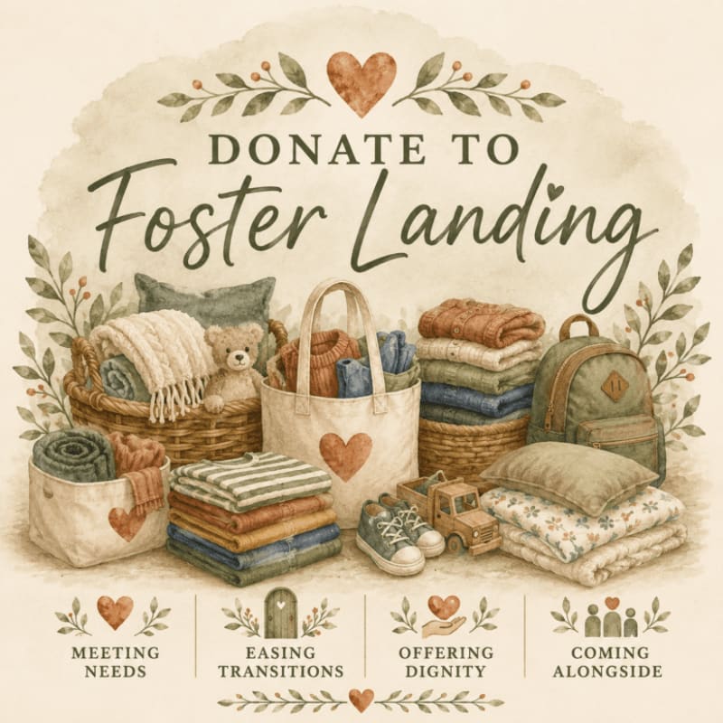 In the foreground, a collection of donated items like blankets, clothes, and toys are arranged, while the background features decorative branches, hearts, and the text "DONATE TO Foster Landing."