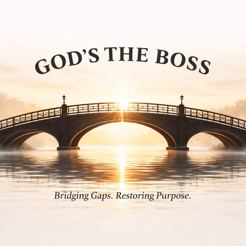 A bridge spans a misty body of water with the sun rising behind it, while the text "GOD'S THE BOSS" is displayed above and "Bridging Gaps. Restoring Purpose." is below.