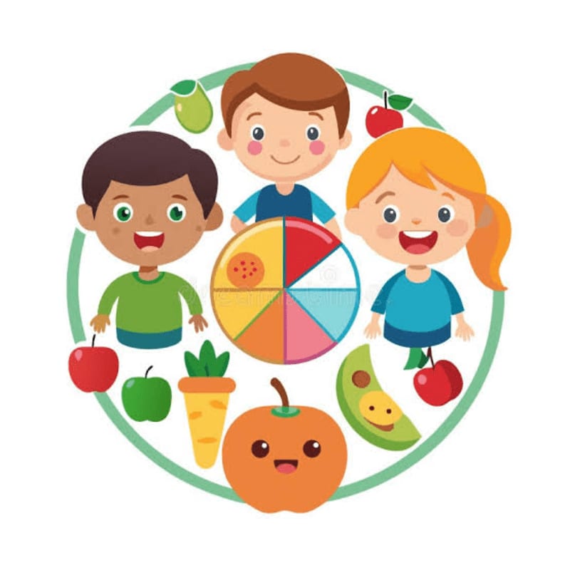 Three smiling children surround a colorful pie chart, with various fruits and vegetables scattered around them.