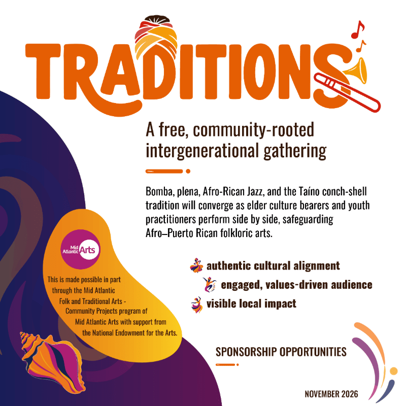 An orange and yellow "TRADITIONS" title with musical notes and a turban sits above text describing a free community gathering, with a conch shell and abstract purple and orange shapes in the foreground and background.