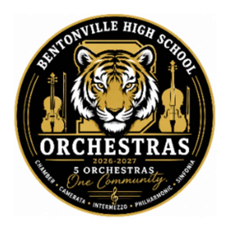 A fierce tiger's face is centered in a circular emblem for Bentonville High School Orchestras, with violins flanking it and text detailing the orchestra programs in the background.