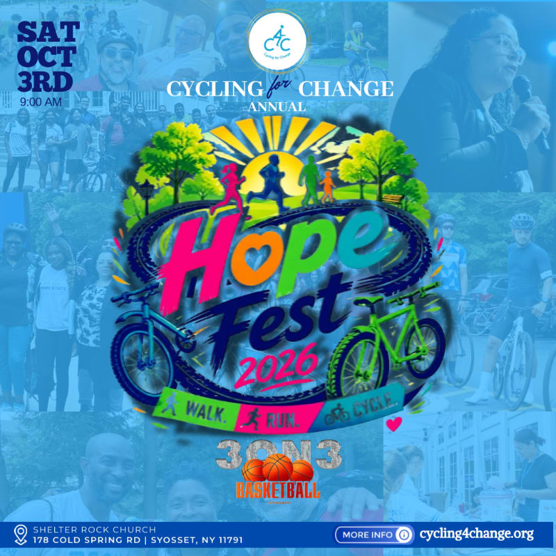 A vibrant "Hope Fest 2020" graphic with bicycles and people cycling in the foreground is set against a collage of event photos and promotional text in the background.
