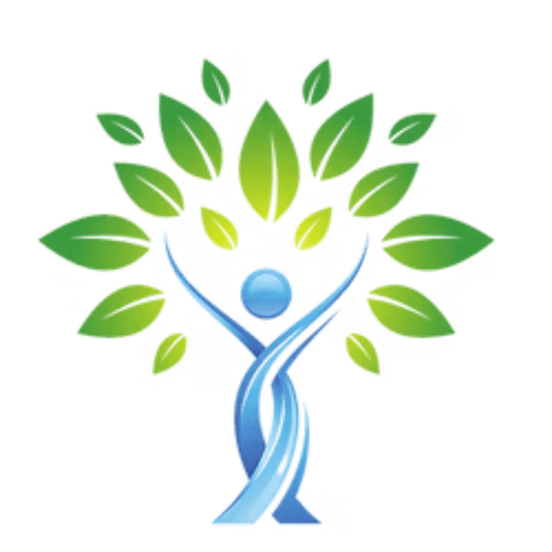 A stylized human figure with arms raised forms the trunk of a tree with green leaves sprouting from its head, all set against a white background.