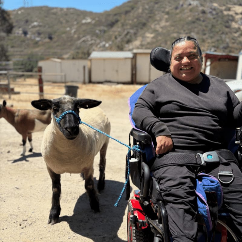 A smiling woman in a wheelchair is posing with a sheep on a lead, with a goat and rural buildings in the background.