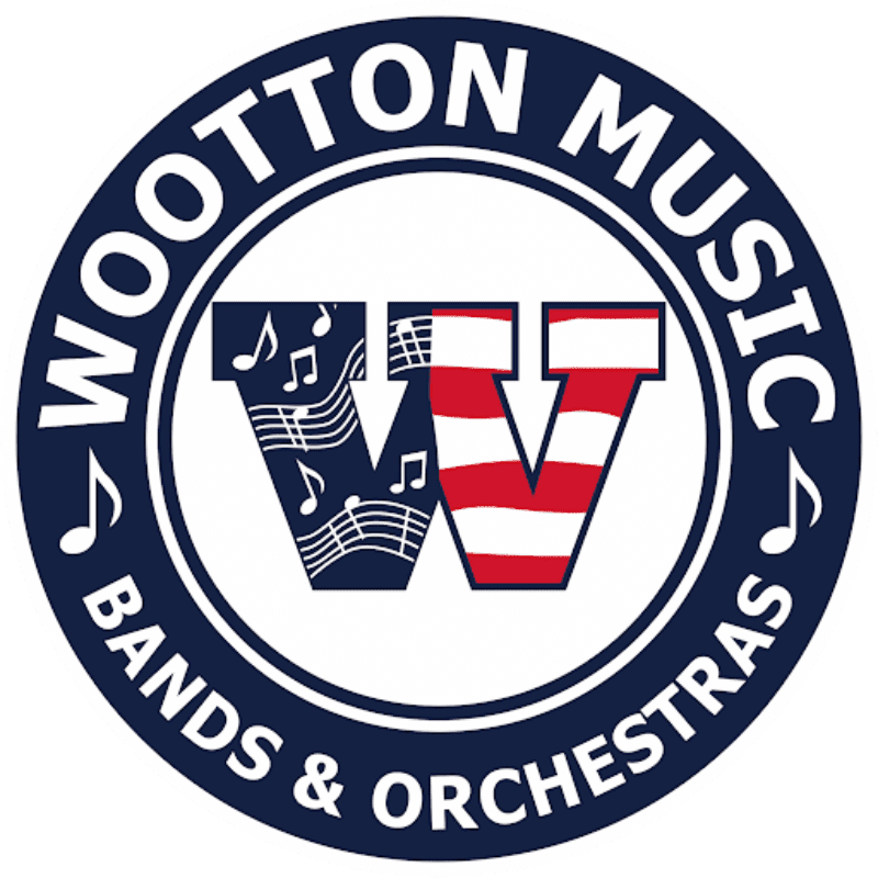 A circular logo with "WOOTTON MUSIC BANDS & ORCHESTRAS" written around the edge, features a stylized "W" in the center, with the left side adorned with musical notes and the right side in red and white stripes.