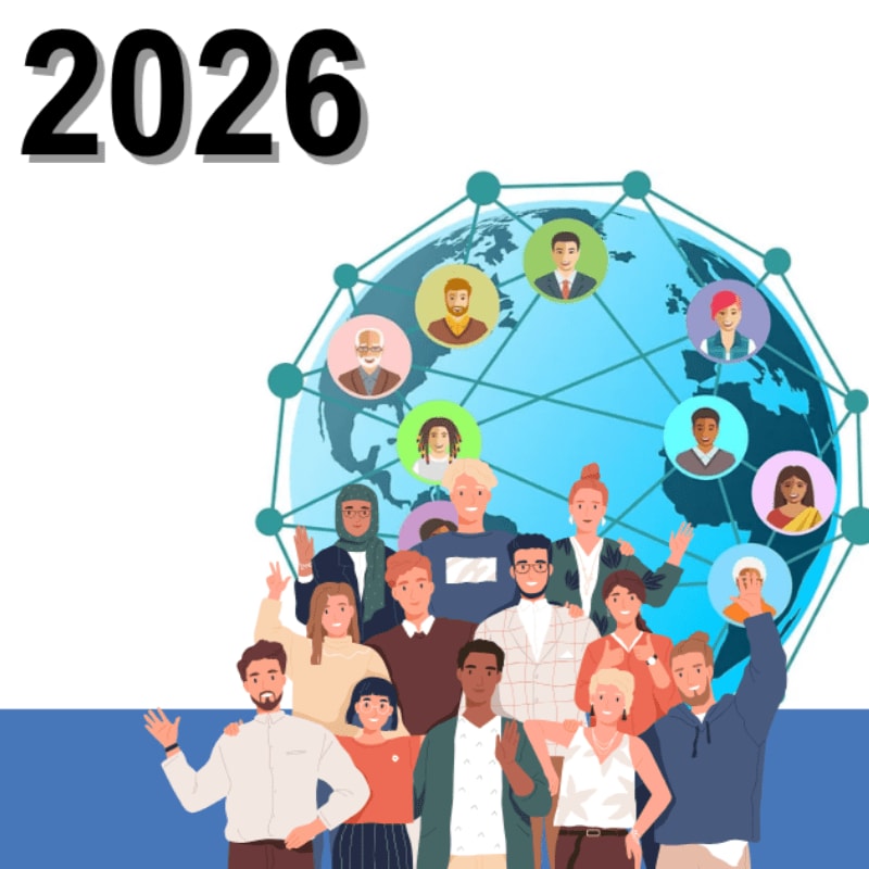 A diverse group of people stands in the foreground, with a stylized globe showing connected profile pictures in the background, all under the prominent year "2026".