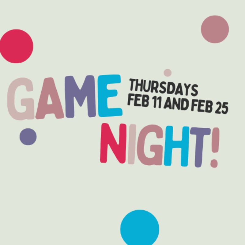 Colorful polka dots float around the words "GAME NIGHT!" in the foreground, set against a light gray background.