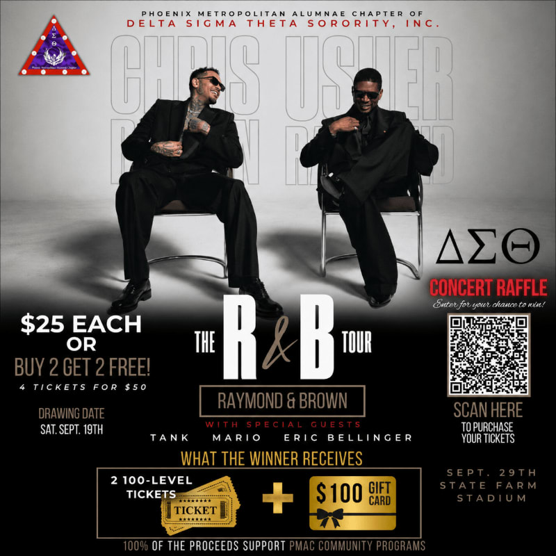 Two men in suits are featured in the foreground of a concert raffle poster, with the background displaying event details and logos.