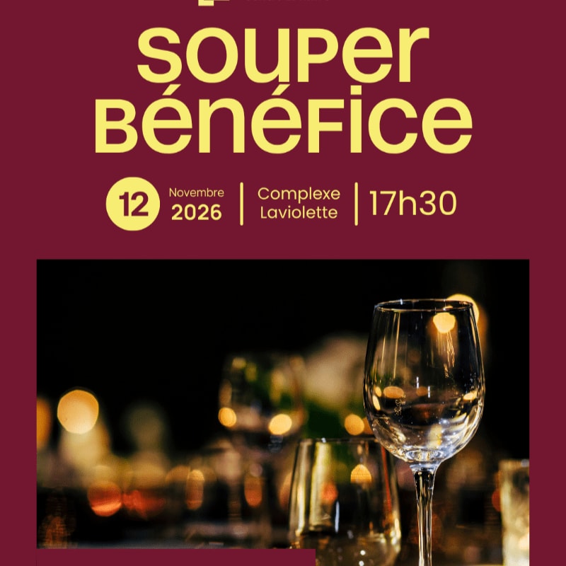 Elegant wine glasses are in the foreground, with blurred bokeh lights and text announcing a benefit dinner in the background.