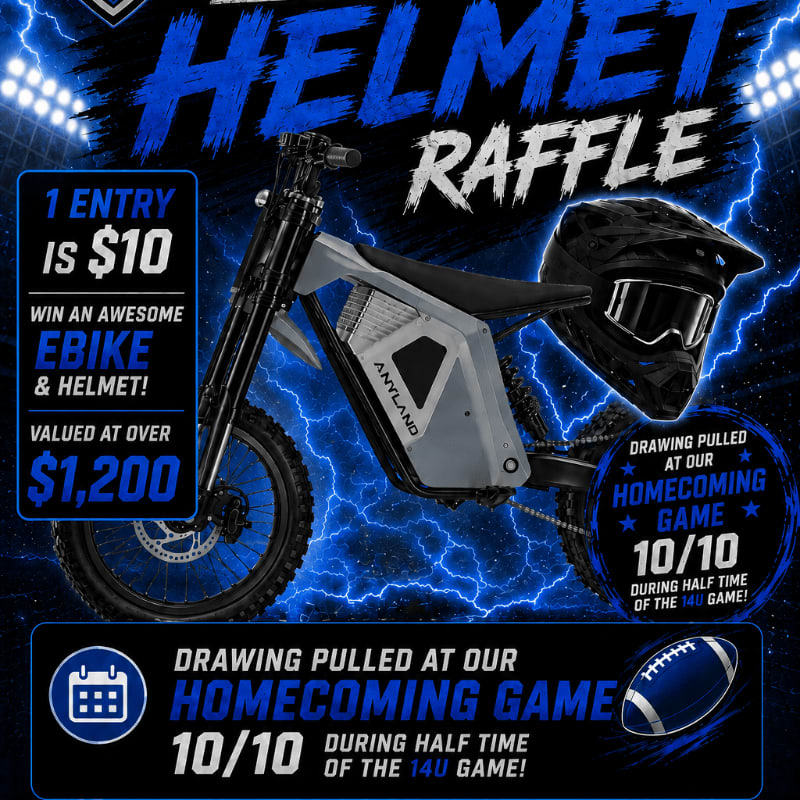 A grey electric bike and helmet are featured in the foreground against a dark blue background with lightning effects and text announcing a raffle for the bike and helmet.