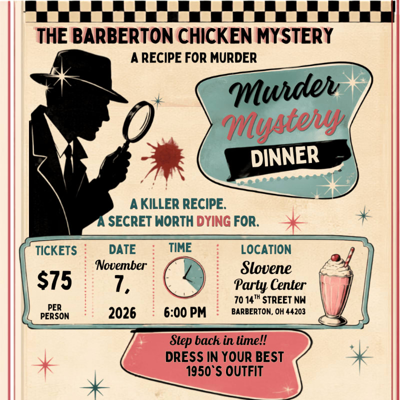 A silhouetted detective with a magnifying glass stands in the foreground against a retro-themed background advertising a 1950s murder mystery dinner.