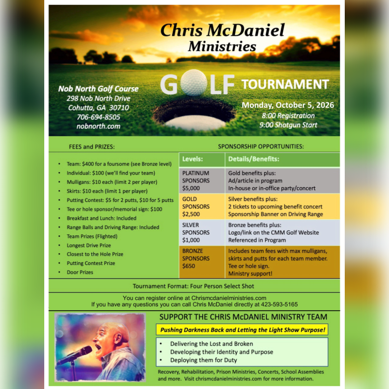 A golf tournament flyer with a golf course hole in the foreground and event details in the background.