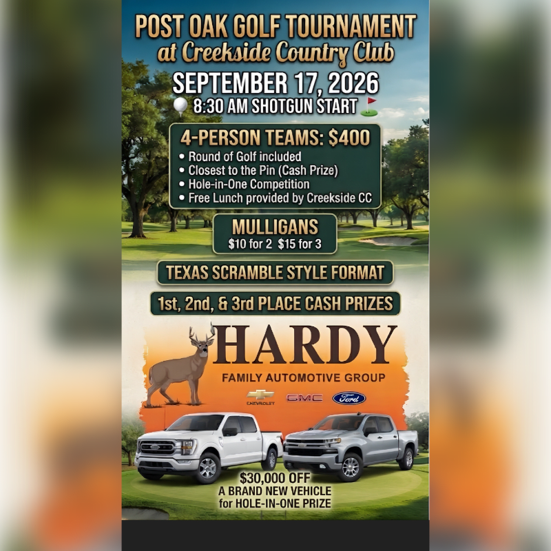 A golf tournament flyer with a golf course in the background and two pickup trucks in the foreground.
