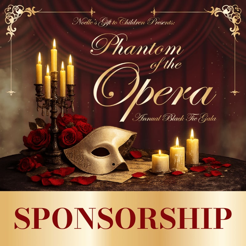 A white masquerade mask and candelabra with roses rest on a table in front of a red curtain, with "SPONSORSHIP" boldly displayed at the bottom.