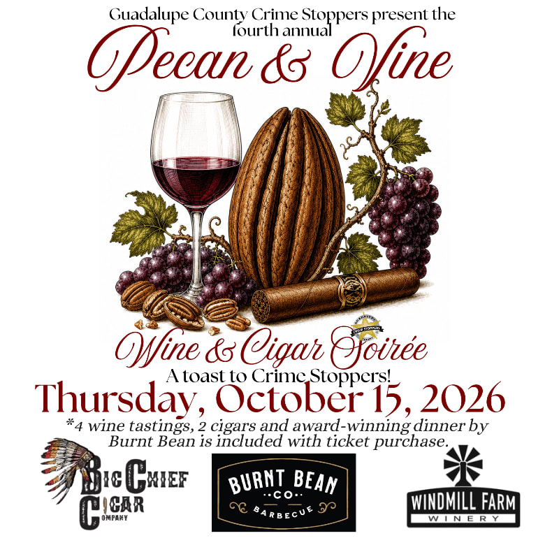 A glass of red wine and a cigar rest in front of a large pecan and grapevines, with event details for a "Pecan & Vine Wine & Cigar Soirée" in the background.