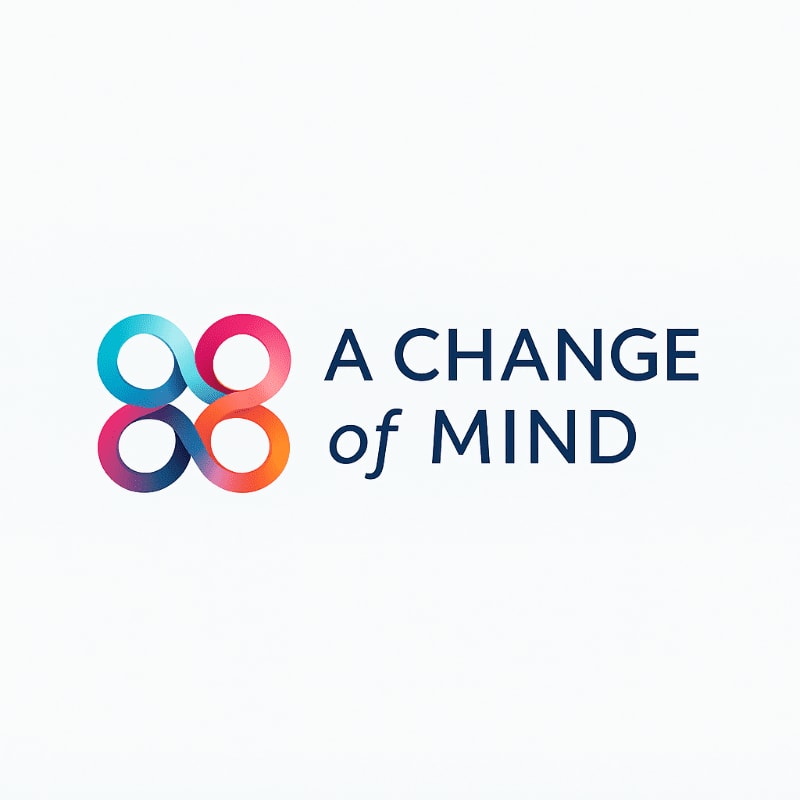 A colorful infinity symbol with gradient colors is on the left, next to the text "A CHANGE of MIND" on a white background.