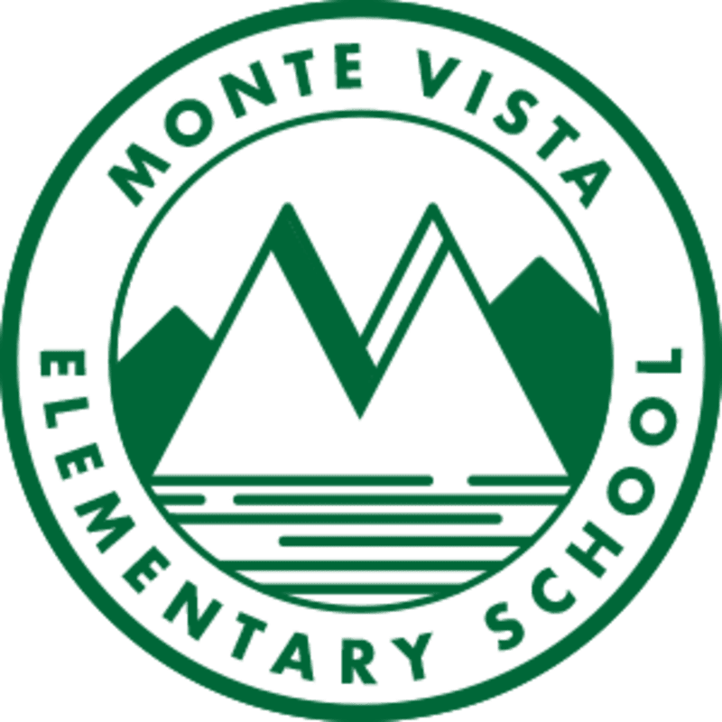 A green circular logo with "MONTE VISTA ELEMENTARY SCHOOL" encircling a stylized mountain range with water below.