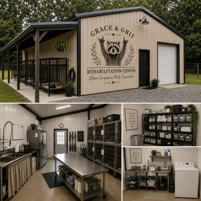 A tan rehabilitation center with kennels on the left and a garage door on the right stands in front of a wooded background, while the interior shows a kitchen area, storage shelves, and a laundry room.