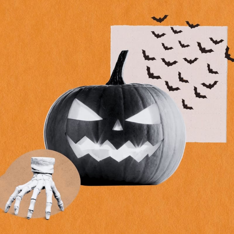 A carved black pumpkin with a spooky face sits in the foreground next to a skeletal hand, while a swarm of bats flies across a cream-colored square in the orange background.
