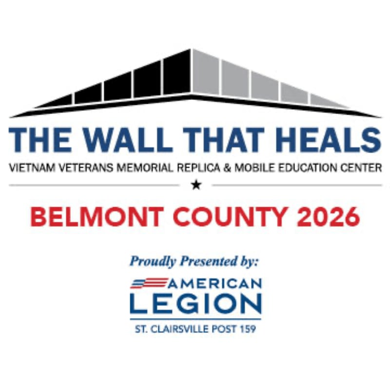 A stylized roofline forms the background for the text "THE WALL THAT HEALS VIETNAM VETERANS MEMORIAL REPLICA & MOBILE EDUCATION CENTER BELMONT COUNTY 2026" in the foreground, with the American Legion logo below.