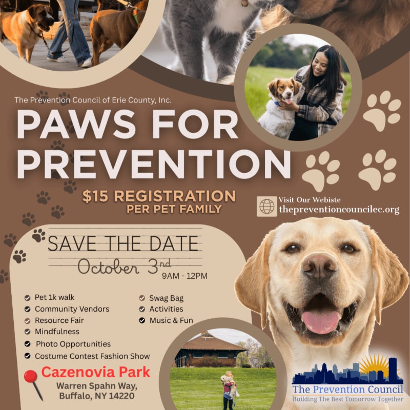 A large, happy yellow lab in the foreground is contrasted with a collage of people and pets, event details, and a city skyline in the background.