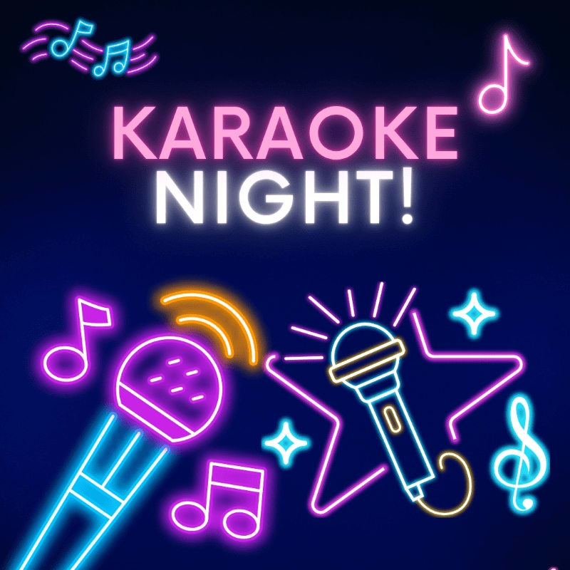Neon microphones and musical notes illuminate a dark background with the words "KARAOKE NIGHT!" in glowing pink and white letters.