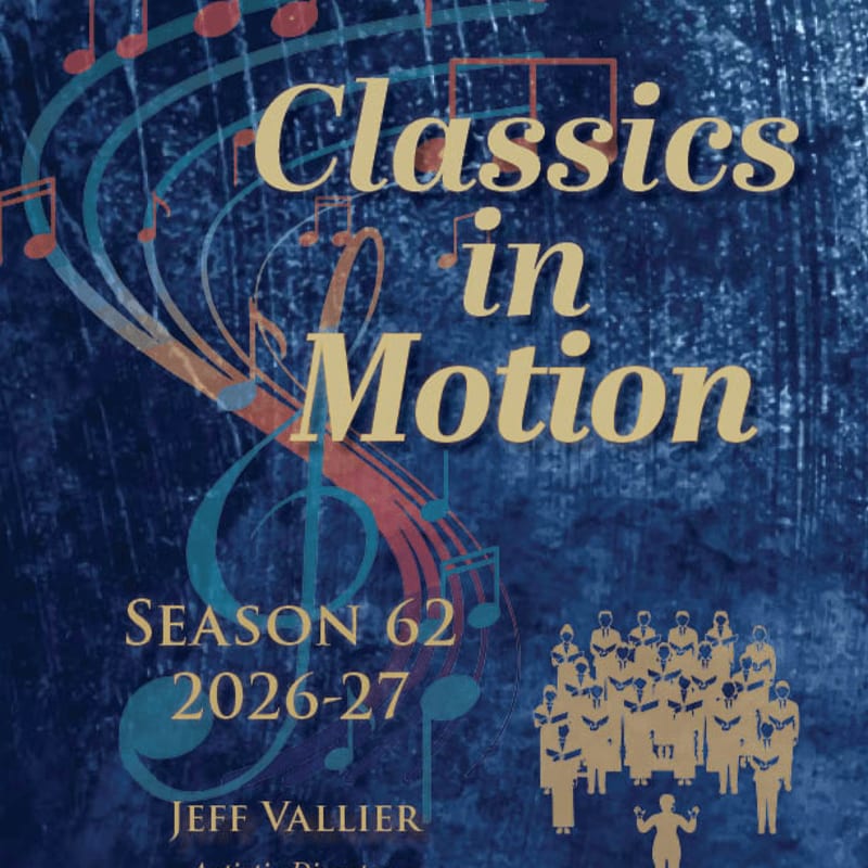 A stylized musical score with the title "Classics in Motion" and choir silhouettes fills the frame against a textured blue background.