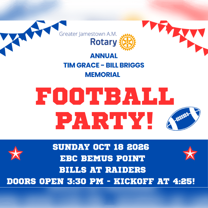 Red and blue bunting frames a football party announcement with event details in the foreground and Rotary branding in the background.