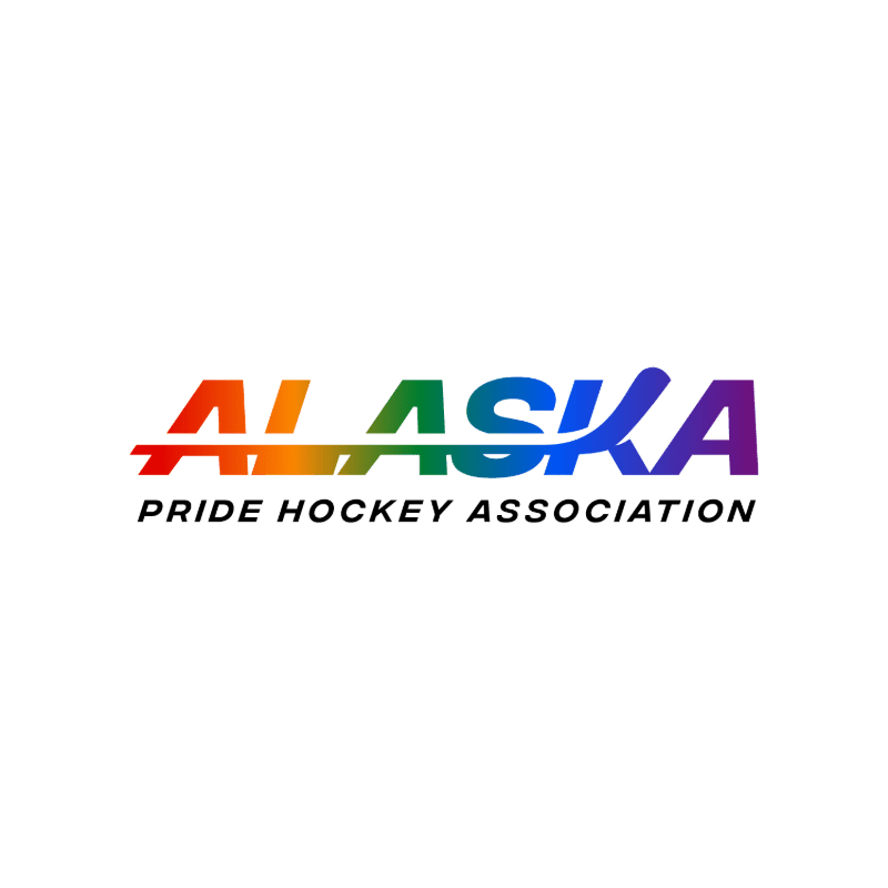Rainbow-colored text spelling "ALASKA" is in the foreground, with "PRIDE HOCKEY ASSOCIATION" written below it in black, all set against a plain white background.