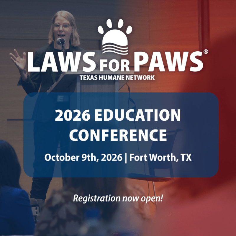 A woman speaks at a podium in front of a "Laws for Paws" logo, with conference details and registration information overlaid on the image.