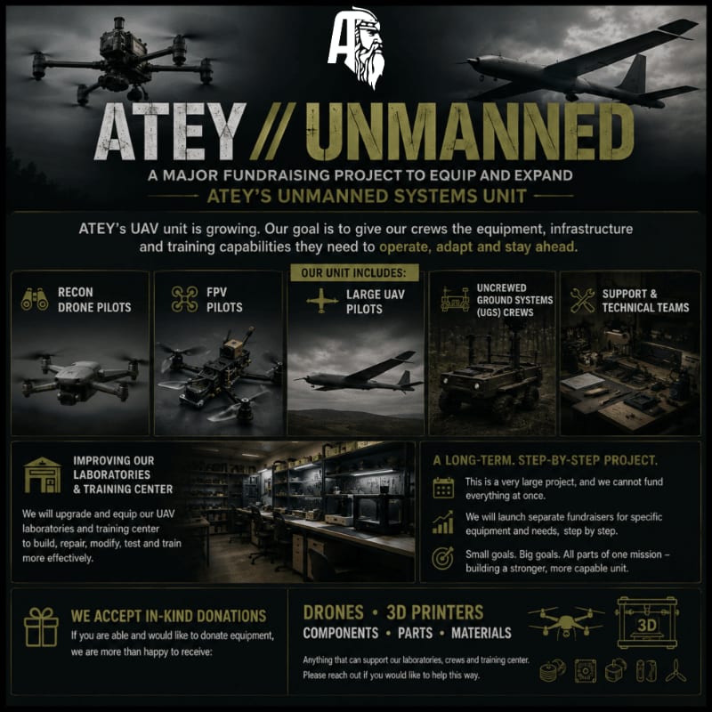 In the foreground, various types of drones and ground vehicles are displayed alongside text detailing a fundraising project for ATEY's Unmanned Systems Unit, while the background features a dark, atmospheric image of a drone in flight.