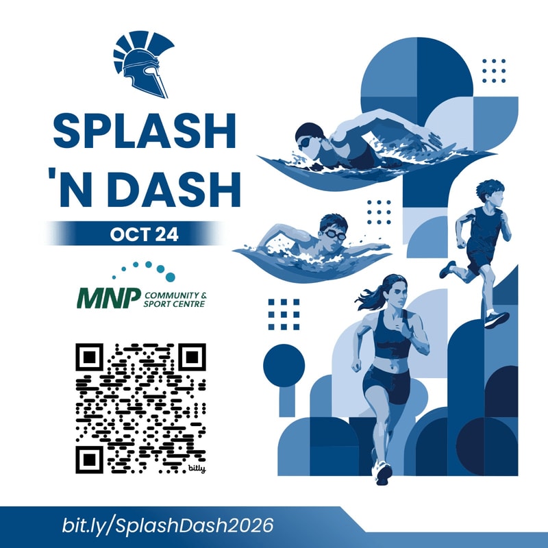 In the foreground, a QR code and event details are displayed, while the background features stylized illustrations of swimmers and runners against a geometric blue pattern.