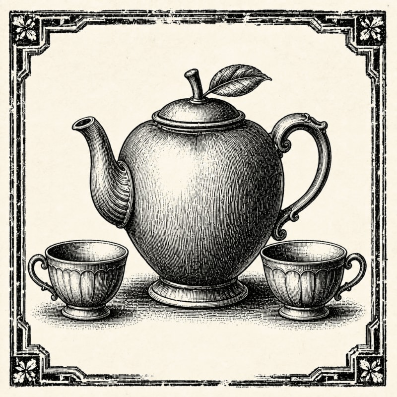 A vintage-style teapot shaped like an apple sits between two teacups, all framed by an ornate border.