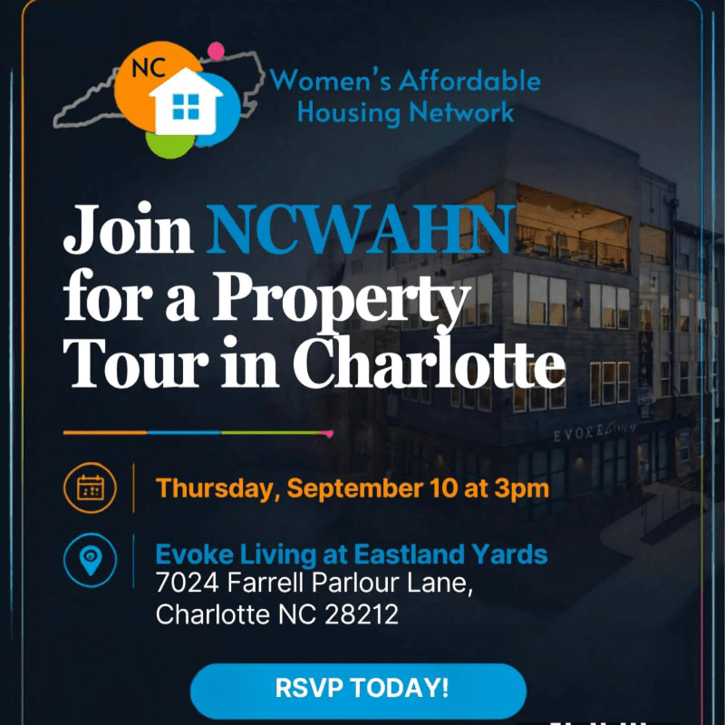 A property tour invitation for NCWAHN in Charlotte is presented with a building in the background and event details in the foreground.
