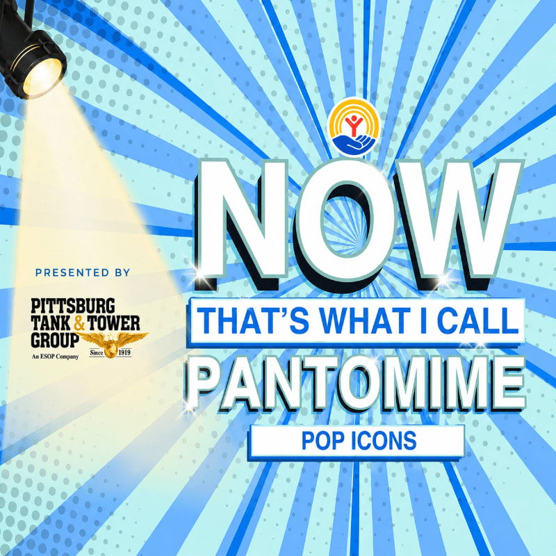 A spotlight illuminates the words "NOW THAT'S WHAT I CALL PANTOMIME POP ICONS" against a blue and white radiating background, with the Pittsburg Tank & Tower Group logo presented on the left.