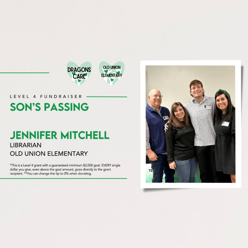 Four people smile in a photograph on the right, while the left side of the image displays text about a fundraiser for "Son's Passing" at Old Union Elementary.