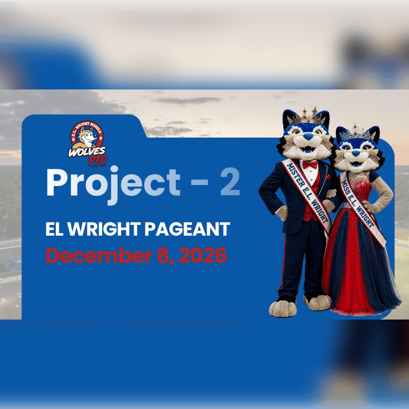 Two wolf mascots, dressed as a king and queen, stand in front of a blue banner with event details, set against a hazy sky and distant landscape.