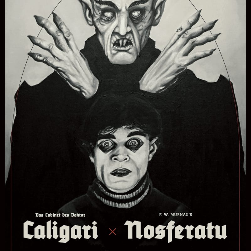 A stylized poster for "Caligari x Nosferatu" features a close-up of a man's face in the foreground, with a menacing vampire looming over him in the background.