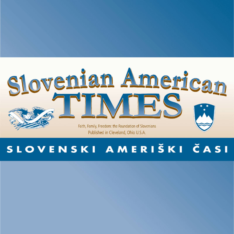 A banner with "Slovenian American TIMES" in large, stylized letters is centered on a light beige background, with the Slovenian coat of arms and an eagle emblem on either side, all set against a gradient of blue in the foreground and background.