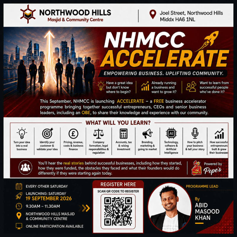 Silhouetted figures stand before a city skyline with an upward arrow, while the foreground displays event details for the NHMCC Accelerate program.