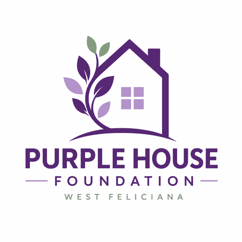 A purple house with a plant growing from its side sits on a hill, with the words "PURPLE HOUSE FOUNDATION WEST FELICIANA" below it on a white background.